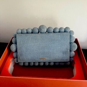 Cult Gaia Eos Bead-embellished Blue Croc-effect Suede Clutch